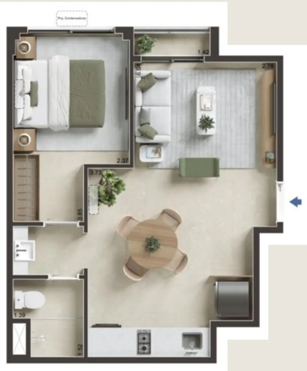 Planta humanizada do apartamento de 36 m² — 1 quarto