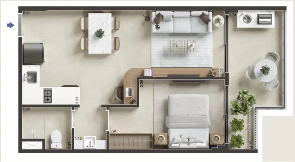 Planta humanizada do apartamento de 45 m² — 1 quarto