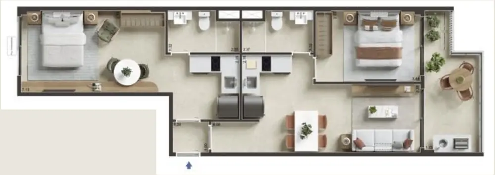 Planta humanizada do apartamento de 67 m² — 1 quarto + studio