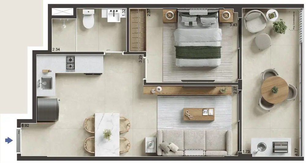 Planta humanizada do apartamento de 43 m² — 1 quarto