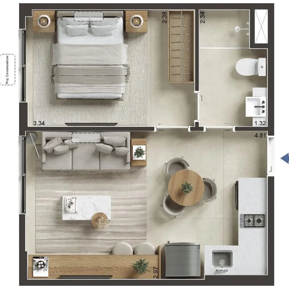 Planta humanizada do apartamento de 30 m² — 1 quarto